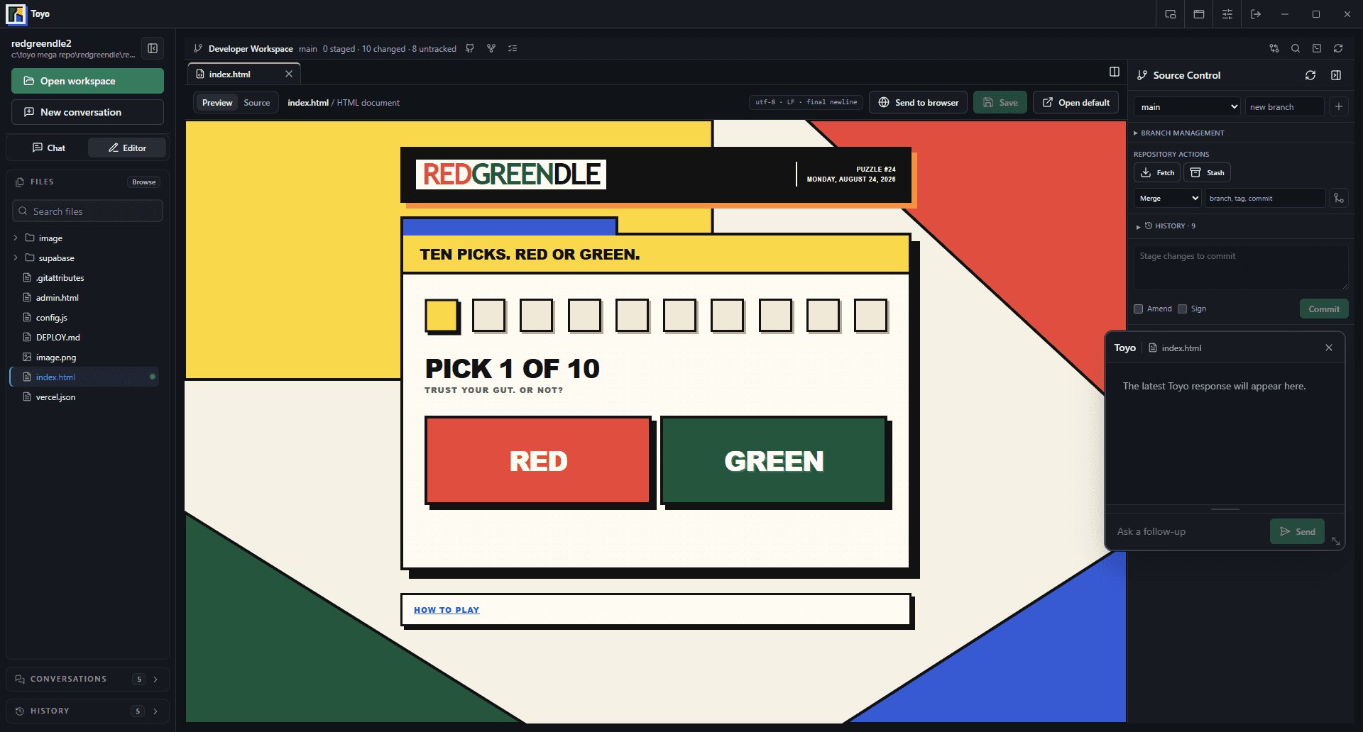 RedGreendle running in Toyo Desktop beside the repository file tree and agent workspace.
