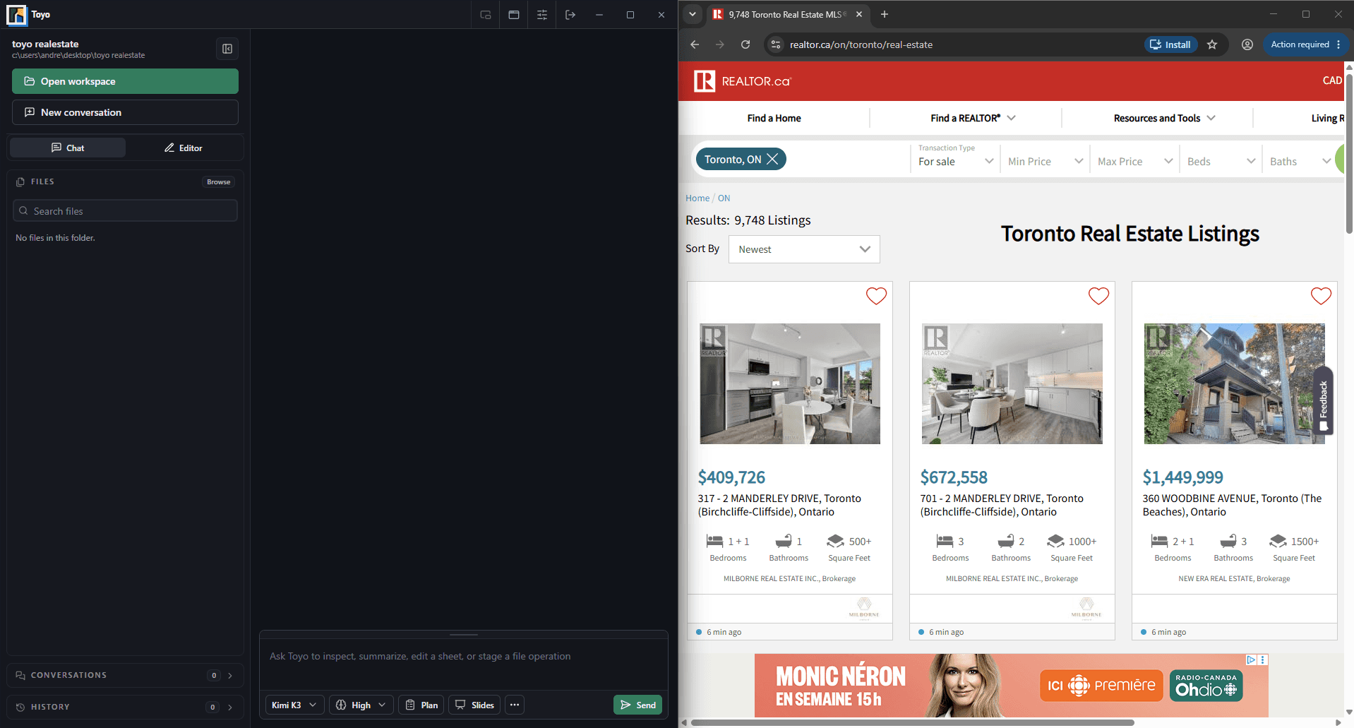 Toyo Desktop beside a visible browser showing Toronto real-estate listings.