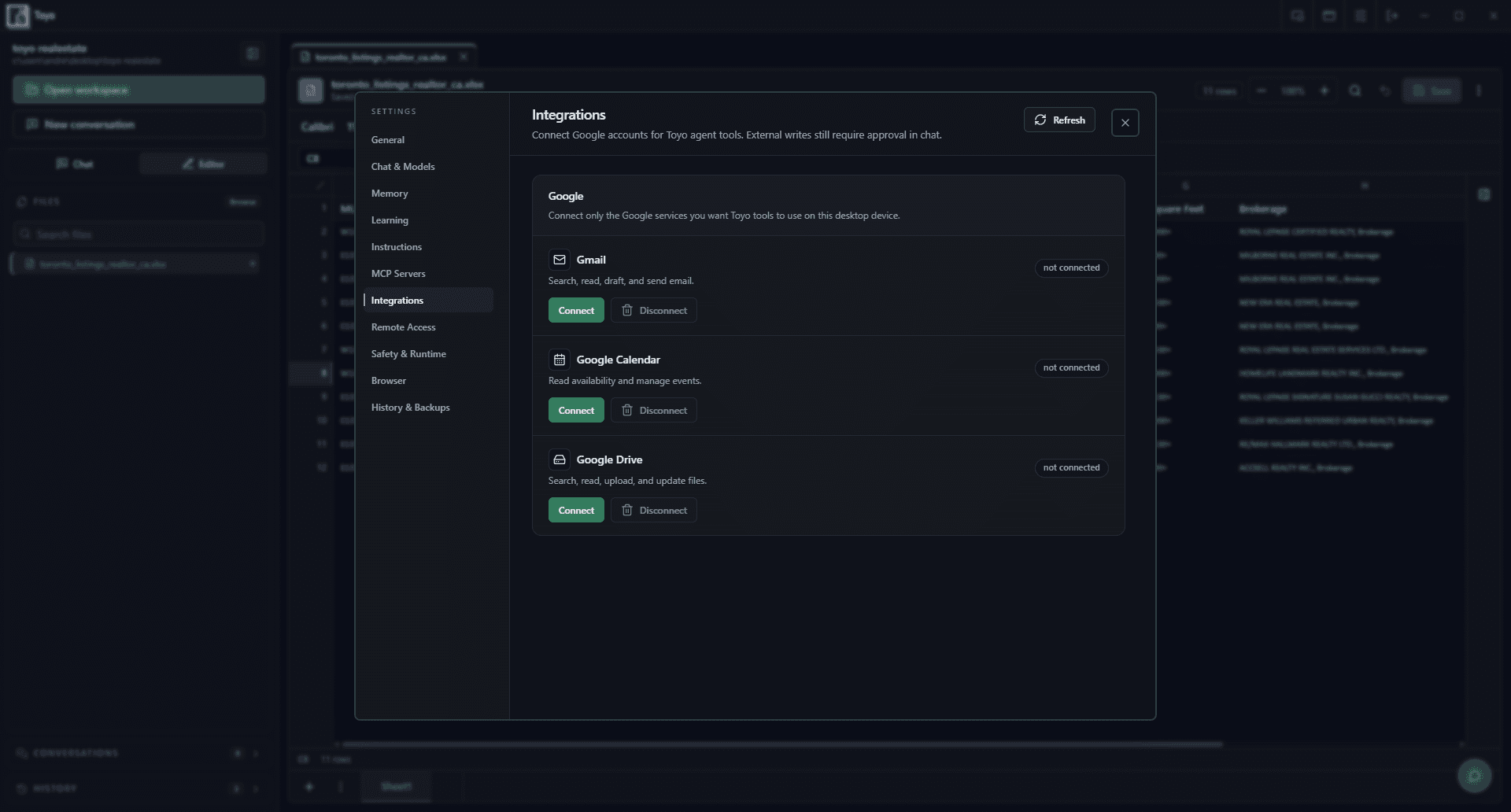Toyo Desktop integrations settings showing connection controls for Gmail, Google Calendar, and Google Drive.