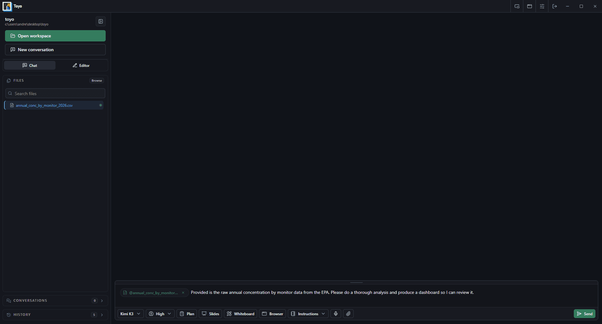Toyo Desktop with an EPA source dataset attached to a request for analysis and a reviewable dashboard.