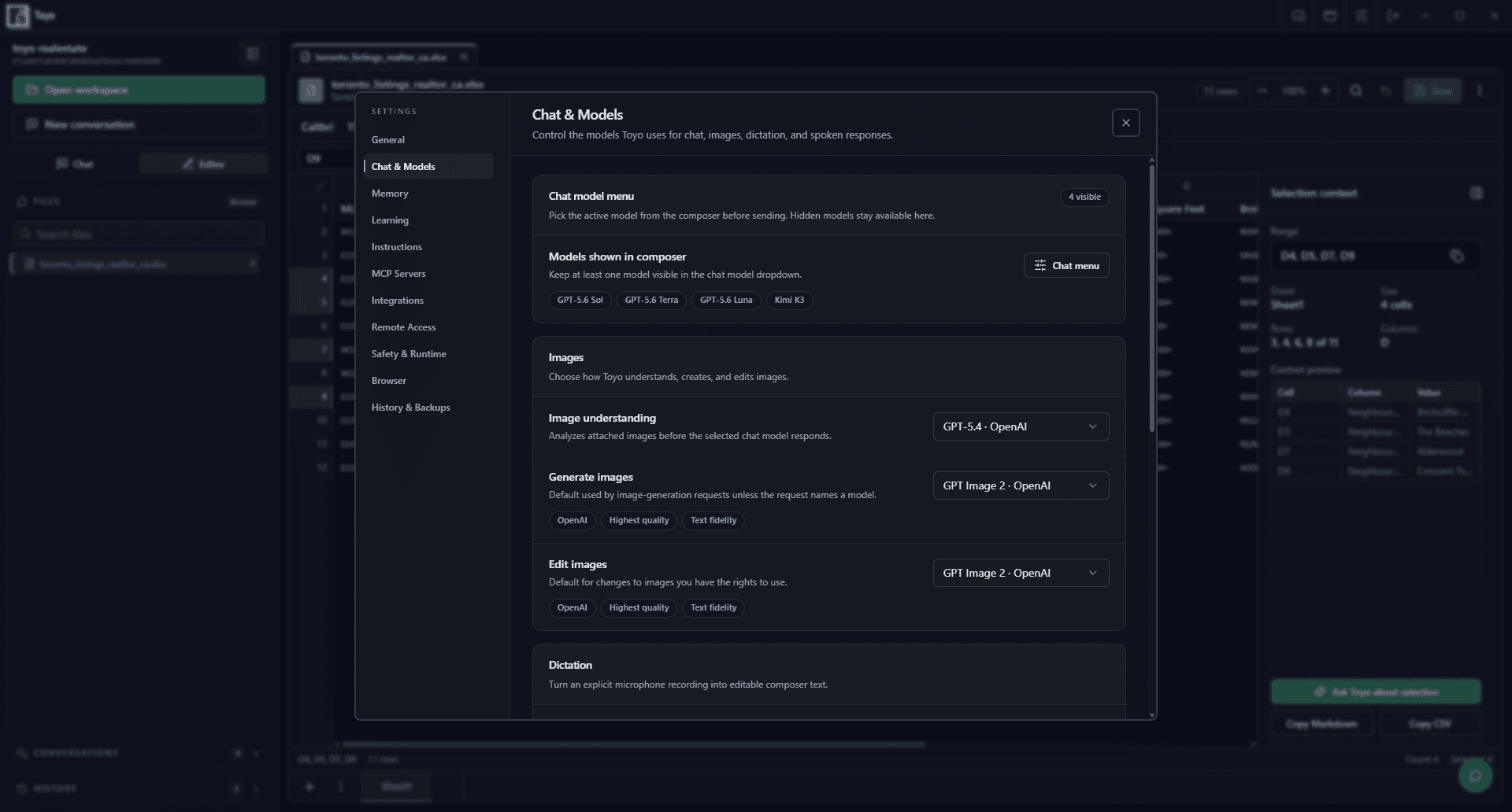 Toyo Desktop Chat and Models settings showing the visible chat models and media model controls.