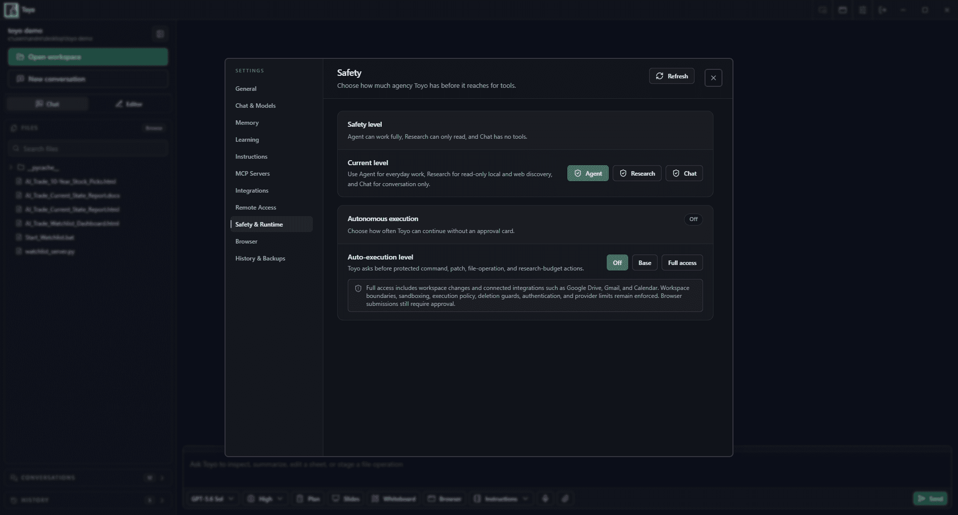 Toyo Desktop with Safety settings open over the active workspace, showing Agent, Research, Chat, and auto-execution controls.