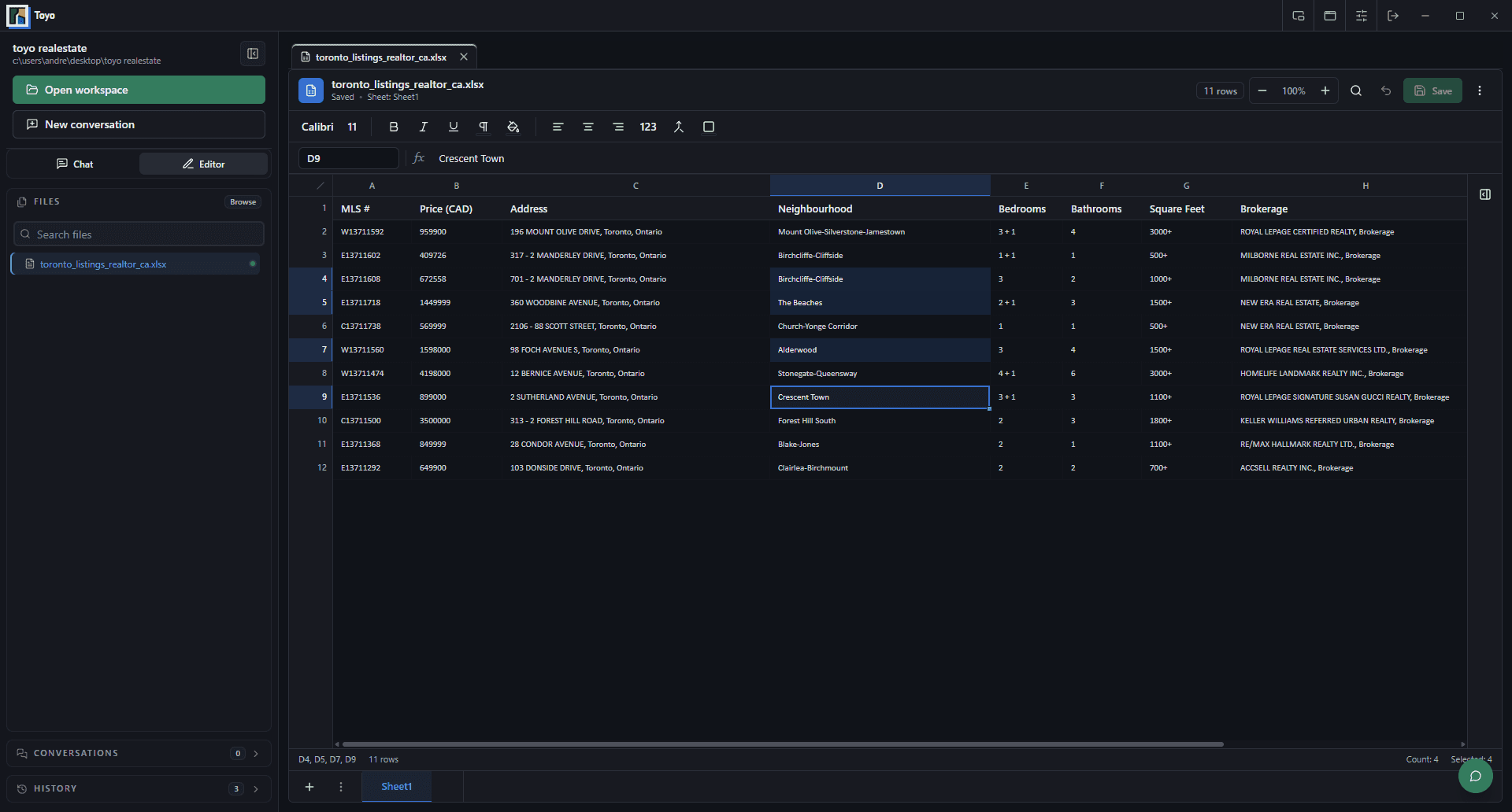 A real-estate spreadsheet open in Toyo Desktop with selected neighbourhood cells and selection context.